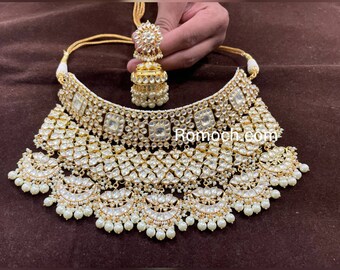 Indian Bridal Polki Kundan choker jewelry set gold plated with pearl drops