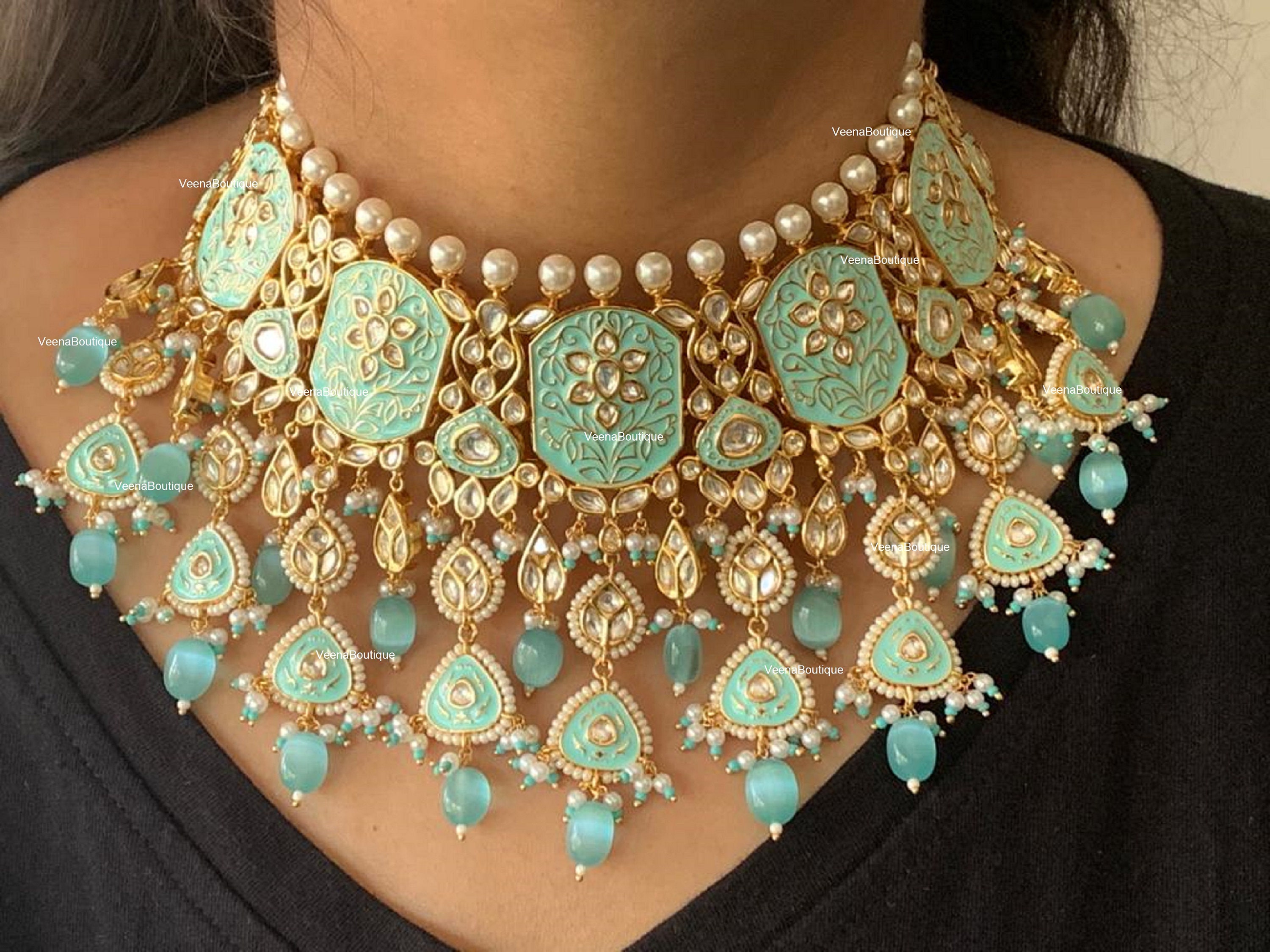 Floral Design Mint Green Gold Kundan Choker set with maang Tikka