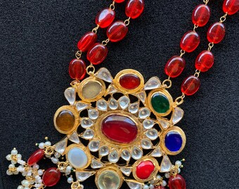 Pachi Kundan gold plated navratan pendant red beads mala 2 layered necklace set with earrings / Indian Kundan Jewelry