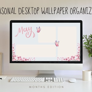 Puede incluir: Una pantalla de ordenador de sobremesa que muestra un organizador de fondo de escritorio de mayo con un fondo azul claro, flores de cerezo rosas y mariposas rosas. El texto "Mayo" está escrito en cursiva rosa. El texto "MONTHS EDITION" está escrito en negro en la parte inferior de la pantalla.