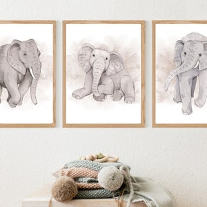 Safari Elephant Prints, Set Of 3 Watercolor Elephant Prints, Wall Art for Kids, PRINTABLE Safari Animal Prints, DIGITAL DOWNLOAD