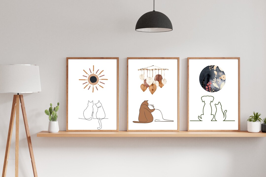 Boho Cat Nature Prints Set of 3 Macrame Plants With Cat Wall Art for ...