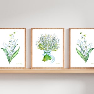 May Lily of the Valley Watercolor Flowers Set Of 3 Flower Prints Decor Flowers of Romance & Happiness Wall Art,PRINTABLE DIGITAL DOWNLOAD