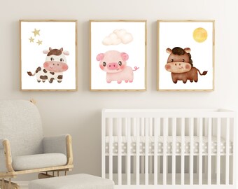 Watercolor Farm Animal Prints Set Of 3 Animal Prints for Nursery Room Wall Art Kids PRINTABLE Baby Animal Prints DIGITAL DOWNLOAD