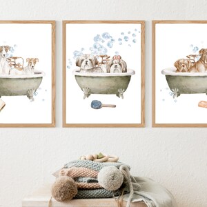 Puede incluir: Tres ilustraciones de acuarela enmarcadas de perros tomando un baño en una bañera. La primera ilustración presenta dos perros, un perro blanco y marrón y un perro marrón y blanco. La segunda ilustración presenta dos perros, un perro marrón y blanco y un perro blanco. La tercera ilustración presenta dos perros, un perro marrón y un perro marrón y blanco. Las tres ilustraciones presentan burbujas de jabón azules.