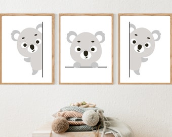 Fun Koala Prints, Set Of 3 Cute Animal Prints, Wall Art for Kids or Nursery, Forest Animal Prints, DIGITAL DOWNLOAD