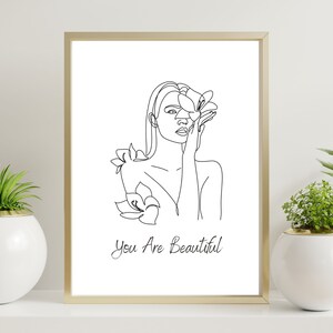 Minimal One Line Art Print, Abstract Line Drawing, You Are Beautiful Inspirational Wall Art, Motivational Art Print INSTANT DIGITAL DOWNLOAD