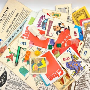 May include: A collection of vintage board game pieces and cards, including Monopoly, Clue, and Yahtzee. The image features game cards, play money, dice, and game tokens. The color palette includes red, blue, yellow, and green.