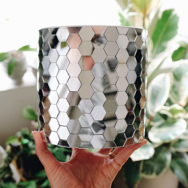 QUEEN BEE Disco Planter | 6in Mosaic Mirrored Planter | Unique Ceramic Pot for Plants