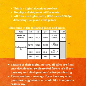 May include: A table showing the different sizes and ratios of digital downloads available. The table includes the actual file size in inches, the ratio of the image, and the scaled down size in inches. The table also includes the ISO standard sizes for paper, such as A1, A3, and A4. The text on the table reads: "Files come in the following ratios and sizes:"