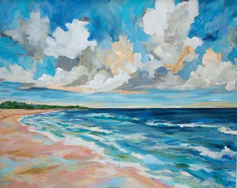 Ocean Walk Giclée Canvas Print: Coastal Seascape with Gold Leaf by Annie Howell