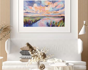 Indigo Mood Embellished Art Print, Coastal Marsh Landscape Print, Colorful Cloud Wall Art, Southern Seascape Print