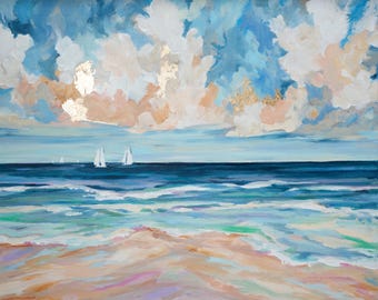 Coastal Sailboat Print: Sailing on Sullivan's Hand Embellished Giclee Art by Annie Howell