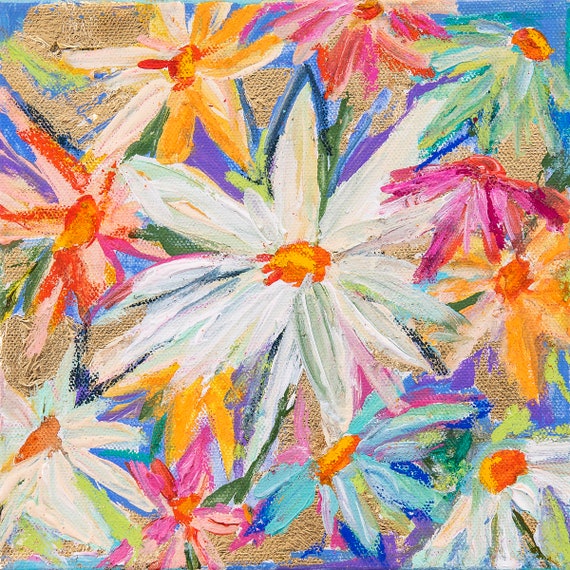 Happy Daisies 1 Embellished Art Print, art abstrait; art multimédia mixte, art doré, art coloré, impression, art rose, art floral, fleurs