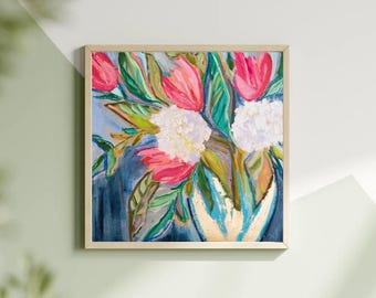 Simple Sophistication Floral Art Print: Tulips and Hydrangeas Reproduction