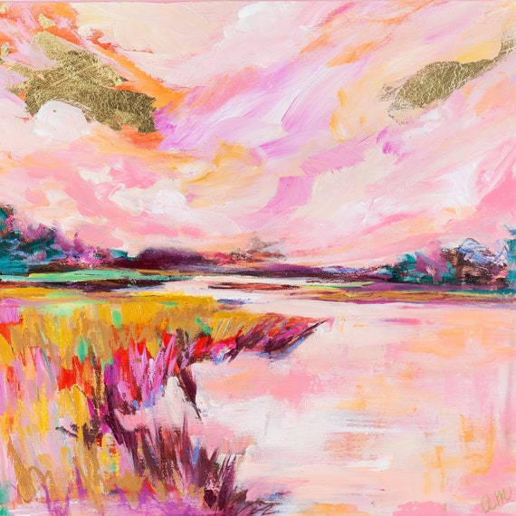 Impression d'art ornée de ciel rose d'août, art abstrait ; art technique mixte, art or, art coloré, impression