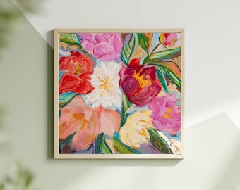 Peony Floral Art Print: Gold Foil Embellished Canvas Reproduction