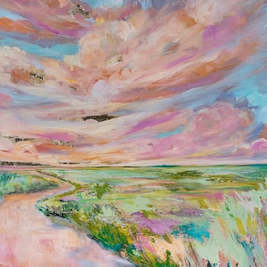 Marismas de Carolina del Sur / Marismas costeras / Impresión en lienzo Giclée / Arte mural de paisaje de tierras bajas / Pintura de un atardecer rosa sobre una marisma de Annie Howell