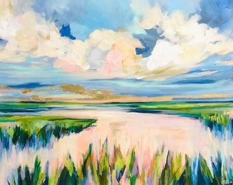 Blue Me Away Marsh Landscape Art Print: Hand Embellished Art Reproduction