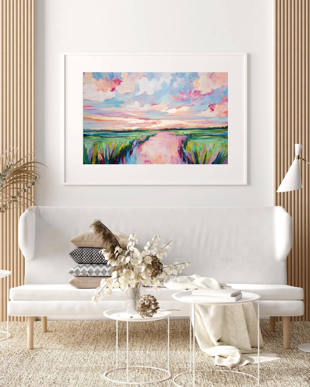 Paradise Pink Embellished Art Print, Art reproduction; pink art; marsh painting, mixed media art, gold art, colorful art, print