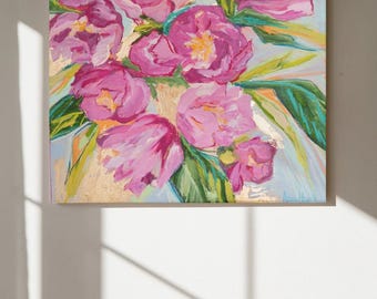 Pink Peony Floral Art Print: Gold Embellished Canvas Reproduction