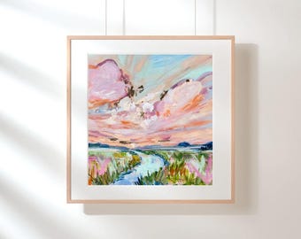 Coastal Marsh Landscape Art, Annie Howell Coastal Spring art, gold art, colorful art, pink art, pastel, nursery art
