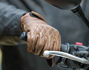 Brown Leather Men's Motorcycle Gloves, Cowhide Leather Biker Glove