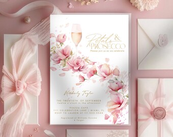 Petals and Prosecco Bridal Shower Invitation, Floral Champagne Bridal Shower Invite, Petals & Prosecco Bridal Shower Canva Template K-BR20