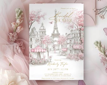 May include: A bridal shower invitation featuring a watercolor illustration of a Parisian scene with the Eiffel Tower and buildings in soft pink and white tones. The invitation includes the text "Bridal Shower" and details for Kimberly Taylor's shower.