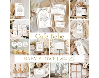 May include: A Cafe Bebe baby shower bundle featuring stationery with brown striped borders and cafe illustrations. Includes invitations, thank you tags, cupcake toppers, menu cards, water bottle labels, and signage with elegant script text.