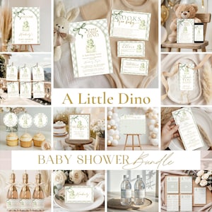 May include: A baby shower stationery bundle featuring a green and white buffalo plaid pattern and a cartoon dinosaur illustration. The set includes invitations, thank you tags, cupcake toppers, water bottle labels, and signs with the text A Little Dino.