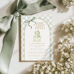 Puede incluir: Una invitación a un baby shower con temática de dinosaurios. La invitación presenta un fondo a cuadros verdes y blancos, una ilustración de acuarela de un bebé dinosaurio saliendo de un huevo y el texto "a little DINO is hatching soon."