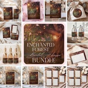Może przedstawiać: Zestaw "Enchanted Forest Bridal Shower" z różnymi artykułami papierniczymi. Obraz zawiera zaproszenia, szyldy, etykiety na butelki z wodą i zawieszki na upominki, wszystkie z motywem leśnym, miękkim oświetleniem i kwiatowymi akcentami.