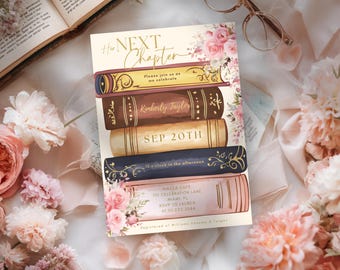 Her Next Chapter Bridal Shower Invitation Template, Book Theme Bridal Invite, Floral Vintage Bookstack Printable, Canva Template K-BR39