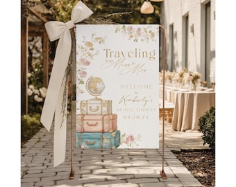 Traveling from Miss to Mrs Bridal Shower Welcome Sign, Travel Themed Bridal Shower Bundle Luggage Suitcase Globe, Canva Template K-BR38WS
