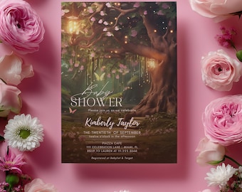 Faire-part de fête prénatale fée magique, douche de fille forêt enchantée rose, modèle de toile K-BB03