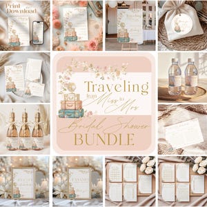 May include: A selection of bridal shower items with a travel theme. The design includes a stack of vintage suitcases topped with a globe, and the text "Traveling from Miss to Mrs". Includes invitations, signs, and favors.