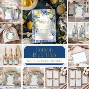 Puede incluir: Una colección de papelería y decoración para despedida de soltera con temática de limón y azulejos azules. Incluye invitaciones, carteles de bienvenida, etiquetas para botellas de agua, etiquetas de recuerdo, tarjetas de recetas y botellas de champán. Se muestra el texto "Lemon Blue Tiles Bridal Shower Bundle".