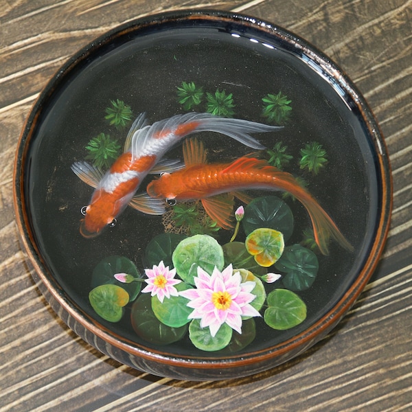 5 '' dessin manuel koi Aquarium, mini paysage d'aquarium en résine époxy, artisanat en résine époxy, décoration d'art, cadeau de peinture