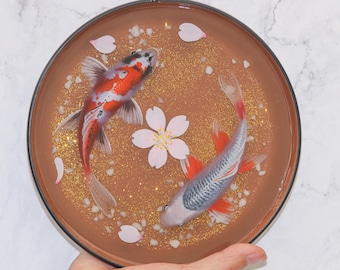Pintura de resina epoxi 3D de 8 pulgadas koi, un par de carpas Koi, arte koi, arte de pintura, arte de colección, decoración de arte