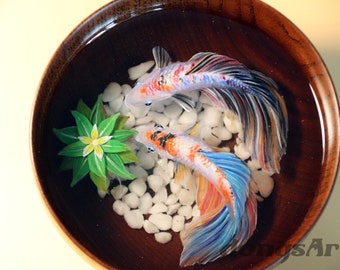 Resin Painting a pair of betta in Wooden Bowl, 3D resin painting, Painting Art, Collection Art, Art Decoration, painting gift, betta art