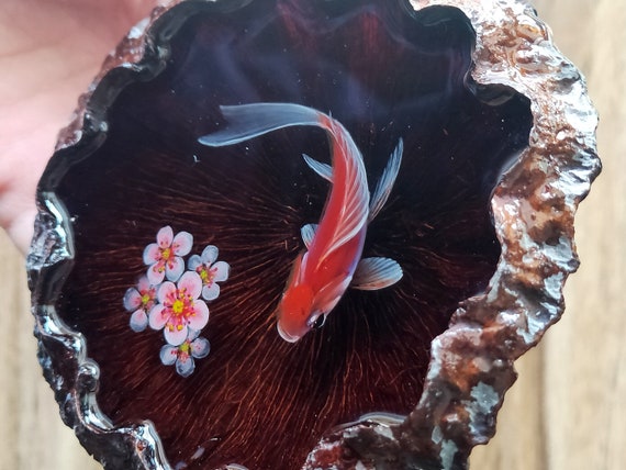 3D resin painting goldfish in a Lotus,Koi art, gift for her,  Painting Art, Collection Art, Art Decoration, Lotus Art