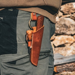 Bushcraft Knife Sheath with Firesteel Loop – Leather Mora Knife Sheath with Dangler