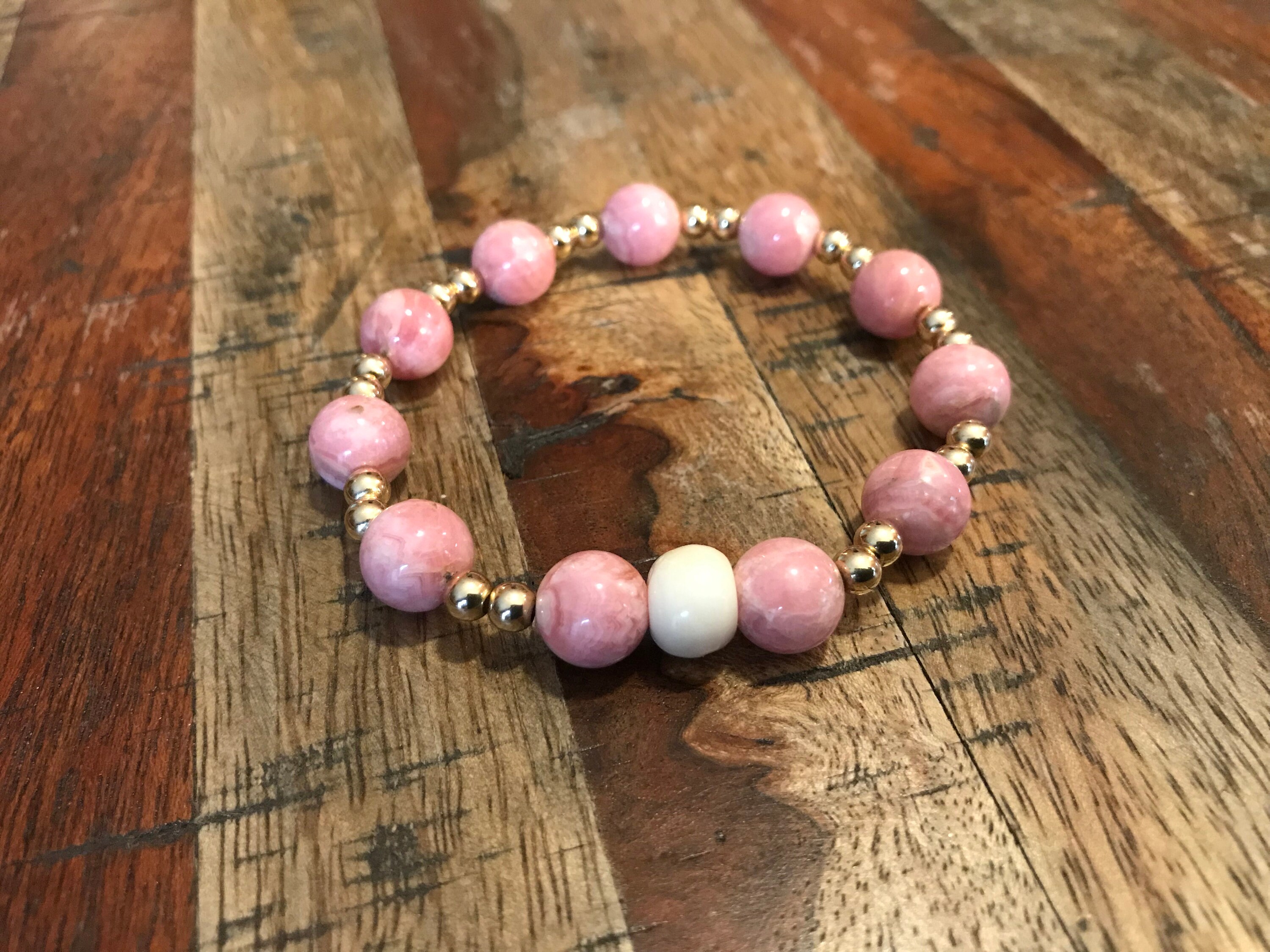Pink Natural Stone Bracelet With Gold Beads Etsy