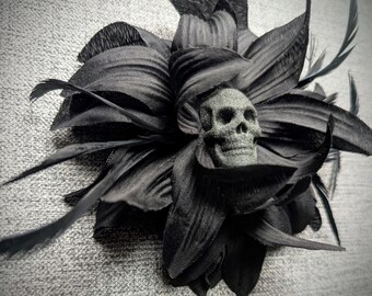 Gothic Fascinator - Stone effect skull and black flower brooch, hair clip.