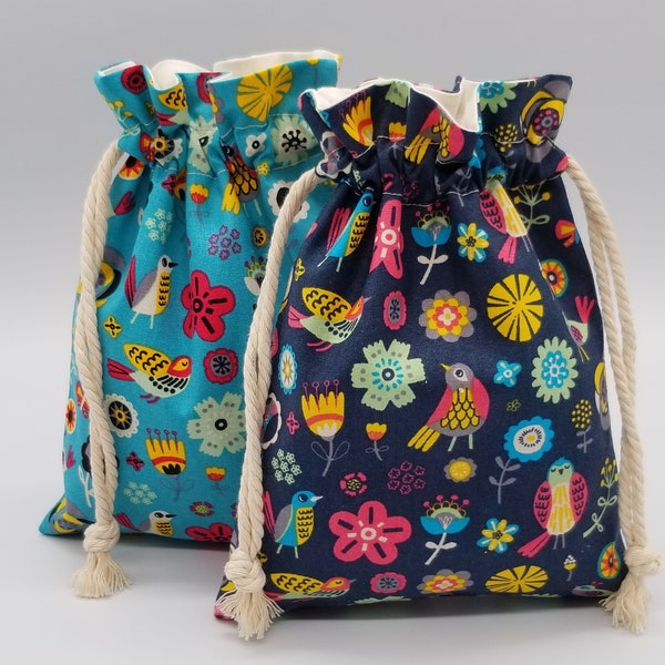 Reusable Drawstring Bag | Cute Bird Fabric Bag | 2-layer Toy bag | Cosmetic bag| Toiletry Bag | Travel bag | Shoe Bag | Made in Texas USA