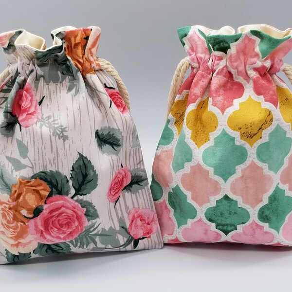 Reusable Drawstring Bag | Rose and Tile Bag | 2-layer Toy bag | Cosmetic bag| Toiletry Bag | Travel bag | Wedding Bag | Made in Texas USA