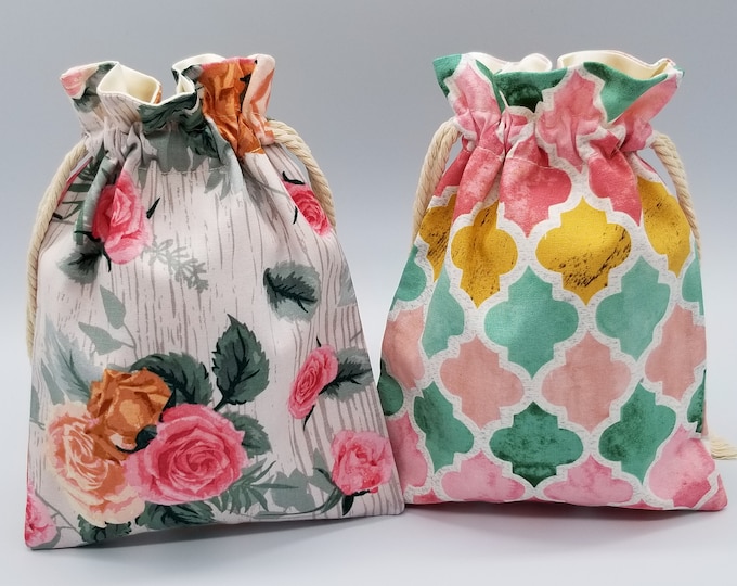 Rose and Tile Pattern Drawstring Bag