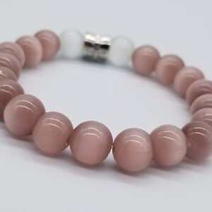 Cat Eye Bracelet, 8 mm Bead Bracelet, Lilac and White bracelet, Elastic Charm Bracelet, Fortune Bracelet, Made in Texas USA