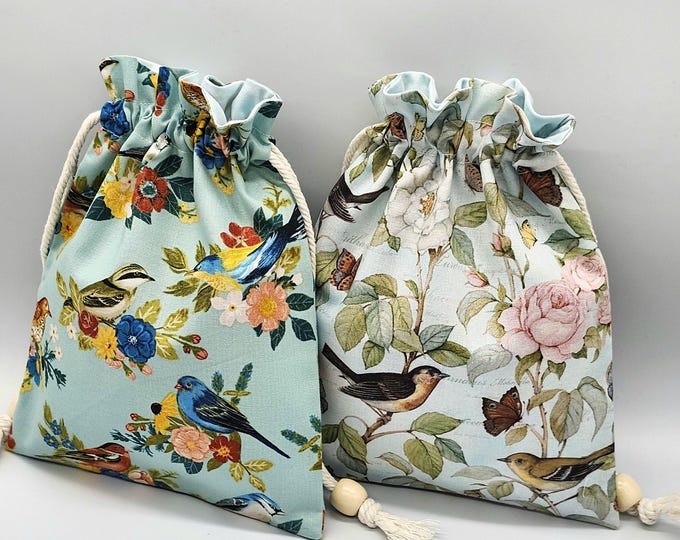Teal Bird & Flower Drawstring Fabric Gift Bag